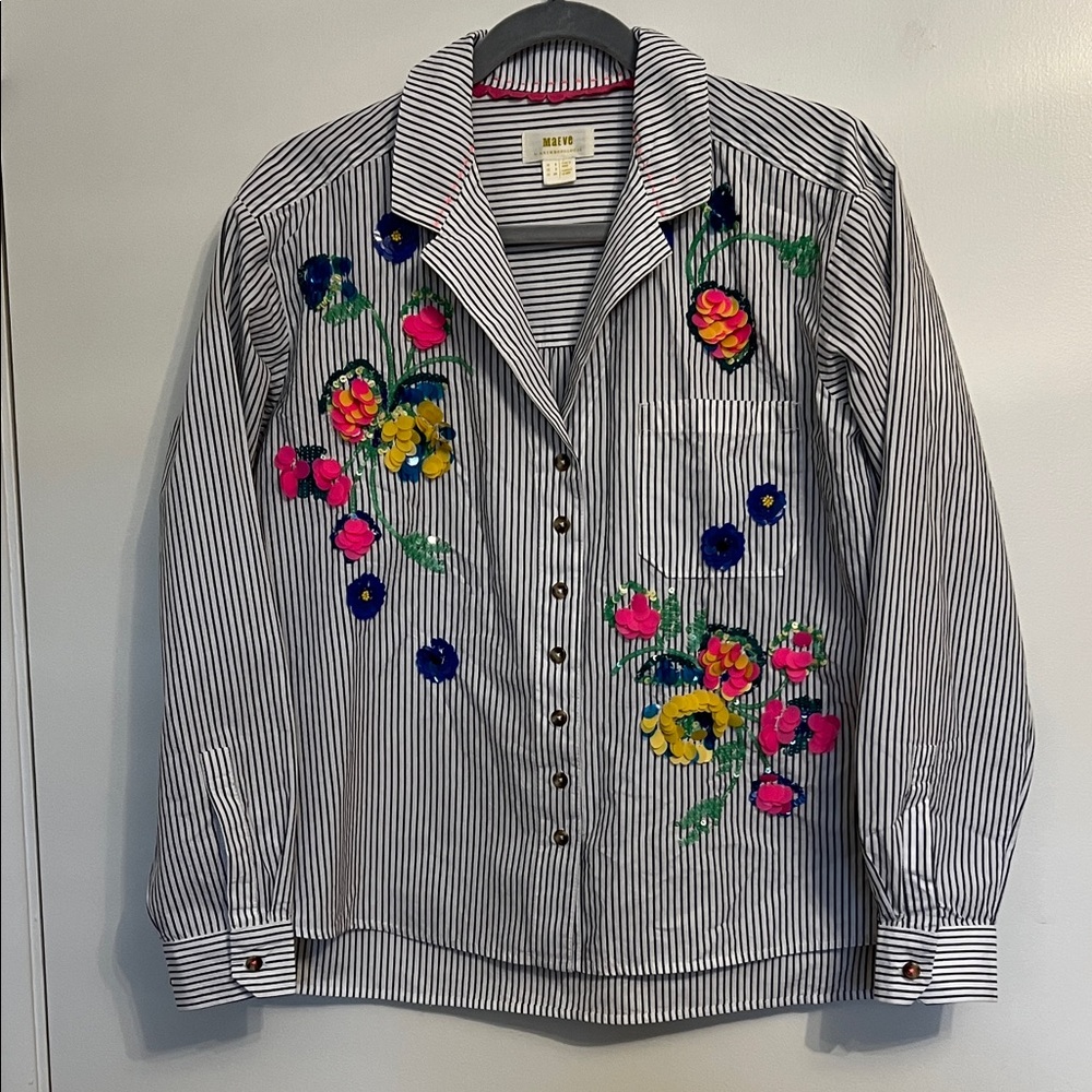 Anthropologie Maeve Embroidered Striped Boxy Buttondown Shirt Top XS 2 - Picture 2 of 15